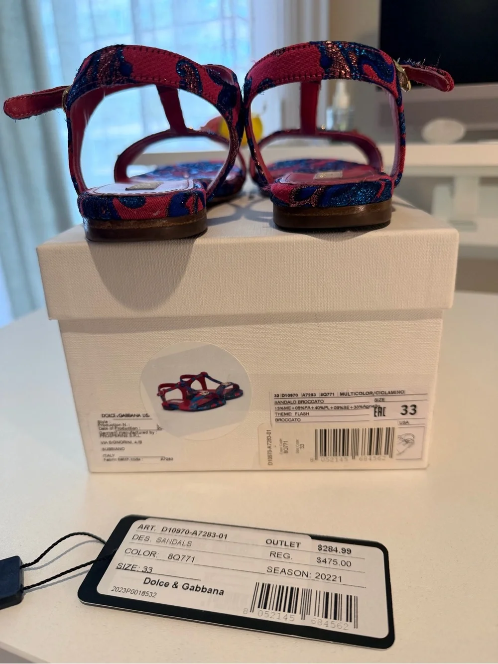 Dolce & Gabbana Red and Blue Embroidered T-Strap Sandals with Gold DG Accent